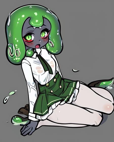 <lora:Bumblesteak:1>
1girl, colored sclera, solo, shirt, black sclera, open mouth, monster girl, skirt, grey background, hand between legs, between legs, simple background, sitting, looking at viewer, long sleeves, colored skin, wet, white shirt, tentacle hair, collared shirt, slime girl, high-waist skirt, green eyes, green hair, medium hair, blush, wariza