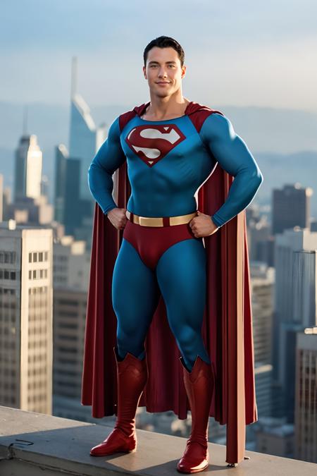 standing on the ledge of a building, cityscape in the background, JasonAdonis, wearing classic superman suit, hands on hips, smiling, (((full body portrait))), wide angle,  <lora:JasonAdonis:0.8> <lora:Superman Classic - Life Like Diffusion:0.8>