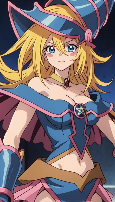 straight-on, upper body, solo, BREAK
ANIME_dark_magician_girl_YuGiOh_ownwaifu, www.ownwaifu.com,
blonde hair, long hair, dark magician girl,breasts, hair between eyes, medium breasts, blue eyes, bangs, collarbone, spiked hair, blush stickers, large breasts, green eyes, 
bare shoulders, blue headwear, choker, duel monster, hat, wizard hat, cleavage, blue leotard, jewelry, gem, necktie, star \(symbol\), vambraces, pentacle, bracer,pelvic_curtain,hexagram,
<lora:ANIME_dark_magician_girl_YuGiOh_ownwaifu:0.8>,, official art, highres, scenery, (masterpiece:1.1), (best quality,:1.1), (high quality:1.1), (anime screencap:1.2),