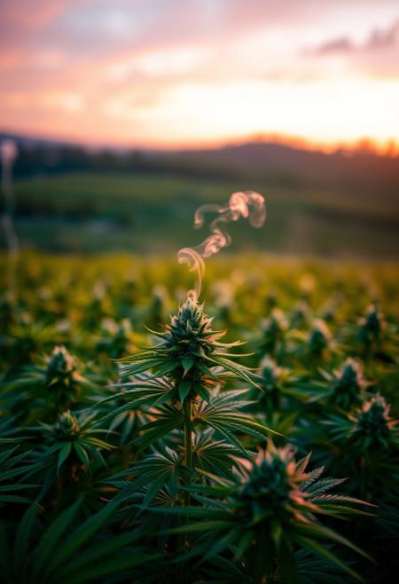 vibrant cannabis field, (lush green leaves:1.4), (sunset glow:1.2) casting warm light over the plants, (detailed textures:1.5), smoke swirling softly in the air, (cannabis buds:1.3) glistening with trichomes, peaceful and serene atmosphere, (natural light:1.4), wide field stretching into the distance, (colorful sky:1.2) with shades of pink and orange, (high-definition:1.6), (ultra-realistic textures:1.5), close-up details of cannabis plants, (soft focus in the background:1.2), modern, laid-back aesthetic, perfect for a cannabis culture feature, chill and relaxed vibe, (overexposed:-1.4), (unnatural colors:-1.5), (blurry:-1.6), (low-resolution:-1.7), (harsh lighting:-1.5), (distorted textures:-1.6)