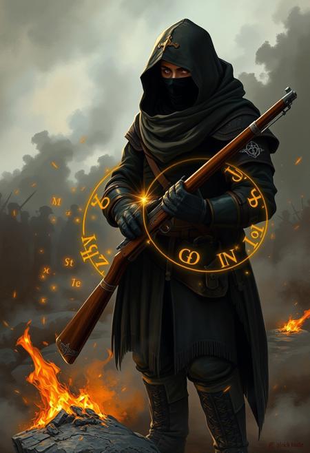 A 25 years old man wearing world war one and medieval style uniform with dark colors, and holding a musket. Standing on a rock in a battlefield, full of bodyes smoke and fire. The man wearing a hood and a fabric gambison armor, and he has a medieval gauntlet on hand. He also has a black bandada covering his face. Only simple and fuctional gear. Eyes glowing trough the eyeslot of the helmet.There is magic around the man, glowing golden runic letters and magical symbols revolving around the caracter and his musket. Acranic, lights in the air and magic happening. Every peace Hand drawn , semi realistic style painting. Full body, long shot, full body in frame.