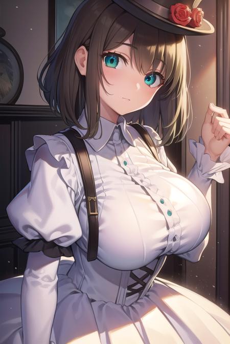 charlottecorday, <lyco:charlottecorday-lyco-nochekaiser:1>,
charlotte corday, braid, brown hair, (green eyes:1.5), short hair, side braid, (large breast:1.2),
BREAK hat, hat flower, juliet sleeves, long sleeves, puffy sleeves, (white dress:1.5), frills, top hat, black top hat,
BREAK looking at viewer,
BREAK indoors,
BREAK <lyco:GoodHands-beta2:1>, (masterpiece:1.2), best quality, high resolution, unity 8k wallpaper, (illustration:0.8), (beautiful detailed eyes:1.6), extremely detailed face, perfect lighting, extremely detailed CG, (perfect hands, perfect anatomy),