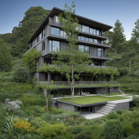 a single house on a hill, the house is entirely made of an element from the elemental table, high detail, hdr, elemental garden, complex house design