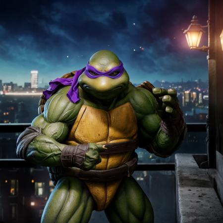 <lora:TMNTDonatello-10:0.8>(RAW photo, real life, absurdres, high quality, photorealistic, detailed, realistic:1.3), (solo:1.3), a high resolution photo of a TMNTDonatello, a teenage mutant ninja turtle with a purple bandana mask with eye-holes, fight stance pose, on a city rooftop at night, city buildings and dark night sky in background, cinematic, atmospheric, 8k, realistic lighting, shot by Hassleblad H6D, Zeiss, Kodachrome, nikon, 50mm 1.2 lens, Octane Render, ultra realistic, realistic lighting, photorealistic, photorealism, photoreal, unreal engine 5, Adobe After FX, highly detailed, intricate detail