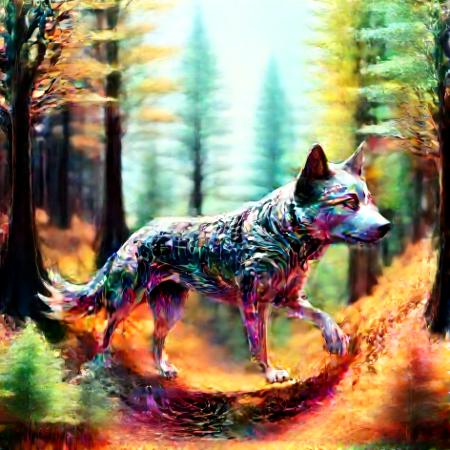 made out of fractangles, wolf running through a forest.