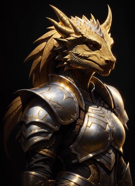 gold dragonborn, female, horns, solo, scales, armor, tail, shoulder armor, pauldrons, portrait, closed mouth, black background
, ((masterpiece, best quality)), art by greg rutkowski  <lora:dragonborn_offset:1>