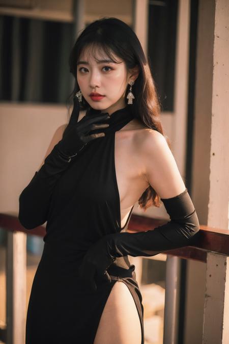 Best Quality,Masterpiece,Ultra High Resolution,(Realisticity:1.4),Original Photo,Cinematic Lighting,
HongKong style,HongKong, 1girl, black dress, dress, photo inset, gloves, black hair, black gloves, long hair, elbow gloves, jewelry, earrings, reference inset, solo, sleeveless dress, standing