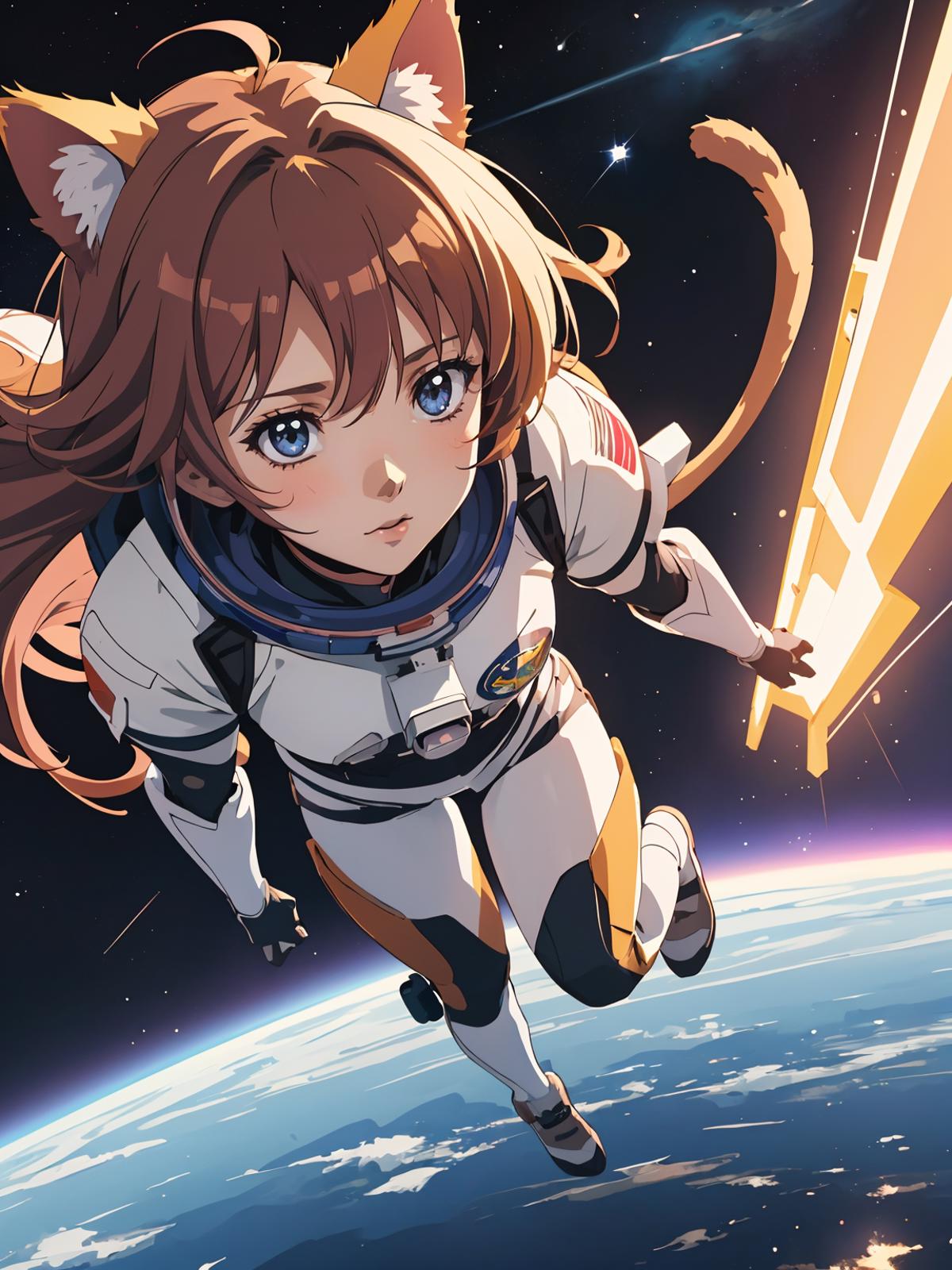 A Japanese anime illustration of a female astronaut in a white and orange spacesuit, floating in the air and looking up at the stars. The scene is set against a backdrop of a blue sky with white stars.