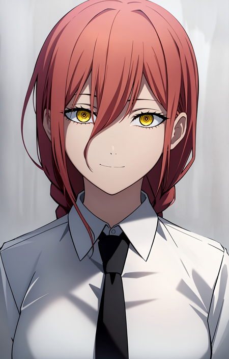 1girl, makima /(chainsaw man/), 1braid, braided hair, portrait, white collared shirt, black necktie, red hair, yellow eyes, ((ringed_eyes)),