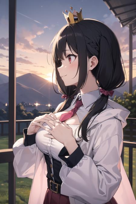 outdoor, grass, mountain, day, from_side,
BREAK (red_eyes:1.2), braid, long hair, golden_hair_ornament, black hair, hair bow, (crown_braid:1.2), (low_twintails:1.4), large_breasts,
BREAK necktie, (pink_necktie:1.2), belt, long sleeves, (cleavage_cutout:1.3), cleavage, necktie_between_breasts, black_shirt,
BREAK standing, upper_body, hands_on_own_chest, looking_to_the_side,
BREAK smile, blush,
BREAK (masterpiece:1.2), (beautiful detailed eyes:1.2), perfect lighting, (perfect hands, perfect anatomy)