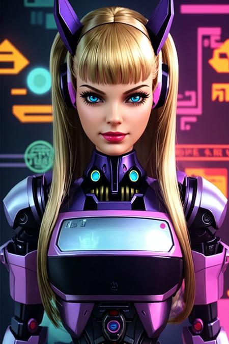 smug barbie,robot,demon,andriod, psychedelic analog photo