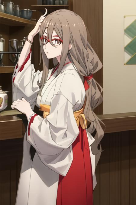 best quality, masterpiece, highres, solo, {white kimono:1.35}, {red hakama:1.35}, {wide sleeves:1.20}, {nakahara_mizuki_lycorisrecoil:1.15}, brown_hair, long_hair, glasses, red-framed_eyewear, hair_between_eyes, brown_eyes, semi-rimless_eyewear