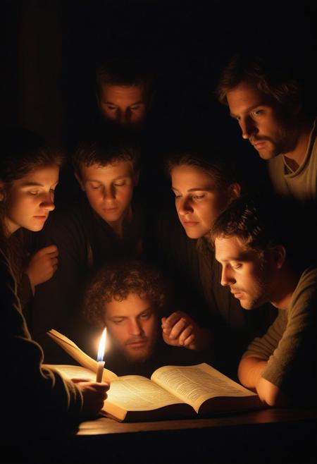 A group of individuals immersed in the sacred text of the Bible, 
parents, 
adults and adolescents alike gather under a flickering candlelight, 
their faces illuminated by the soft glow of the pages, 
candid expressions of contemplation and wonder, 
surrounding oil painting, 
Flemish Renaissance style, 
chiaroscuro lighting, 
dramatic intensity, 
fine brushwork, 
life-like detailing, 
ultra-realistic, 
Rembrandt inspired, 
compelling narrative.