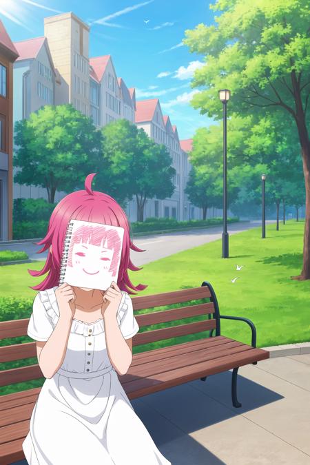 masterpiece, best quality, highres, absurdres, 1girl,
 <lora:RinaTennoji_Mistoon_Locon_CulturedDiffusion:0.6>, rina tennoji, pink hair, ahoge, (rina-chan board: 1.4), (sketchbook: 1.4),
smirk, hands behind head, from below,
white dress,
park, bench, birds, sunlight,