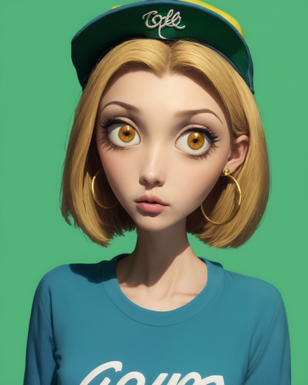 by TimBurton Animation <lora:TimBurton_Animation_offset:1>, horror \(theme\), wide eyes, masterpiece, best quality, 1girl, aqua eyes, baseball cap, blonde hair, closed mouth, earrings, green background, hat, hoop earrings, jewelry, looking at viewer, shirt, short hair, simple background, solo, upper body, yellow shirt