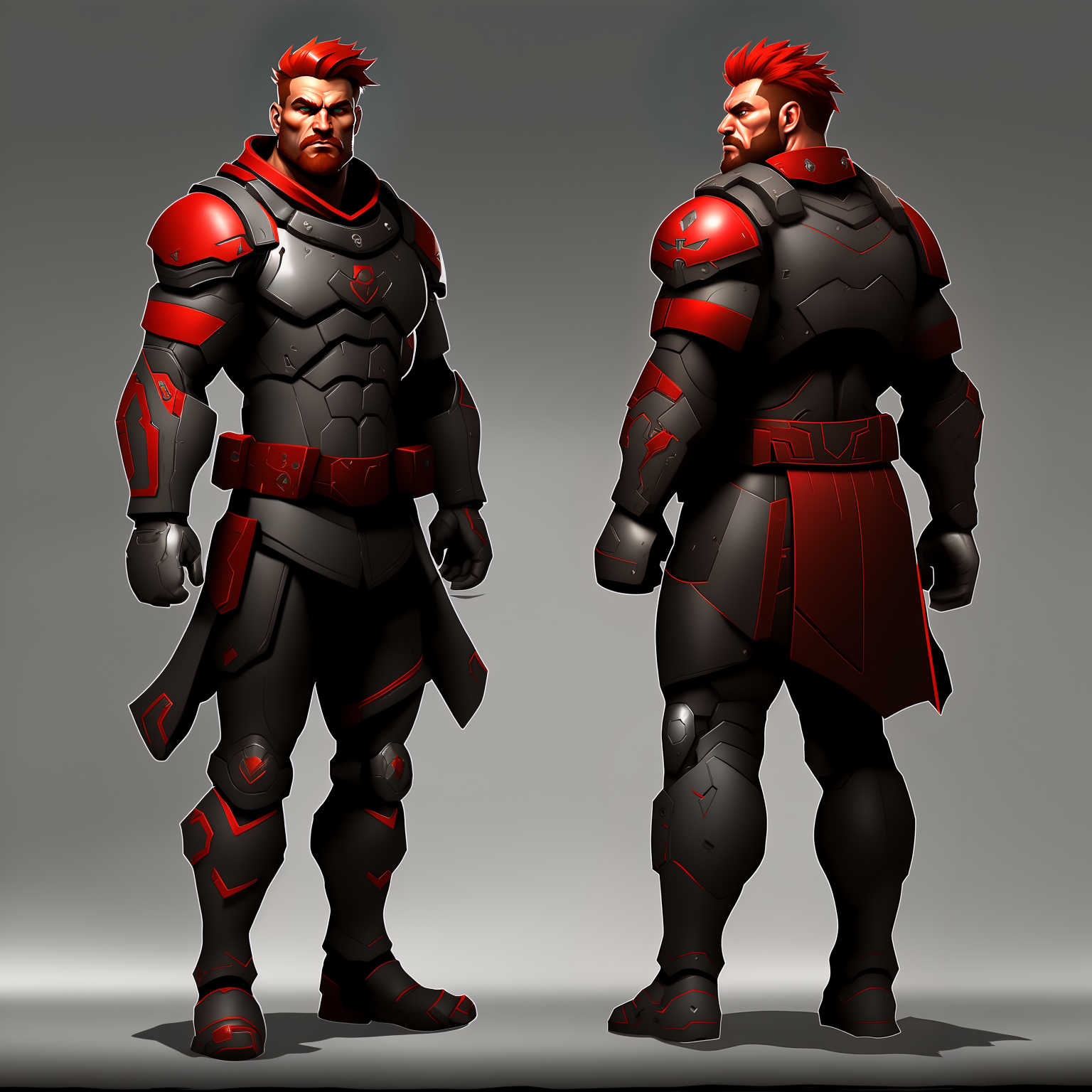 back armor view of a photo of a ((full body)) of a ((male)) super soldier, with stylized red hair, Huge body, strong musse...