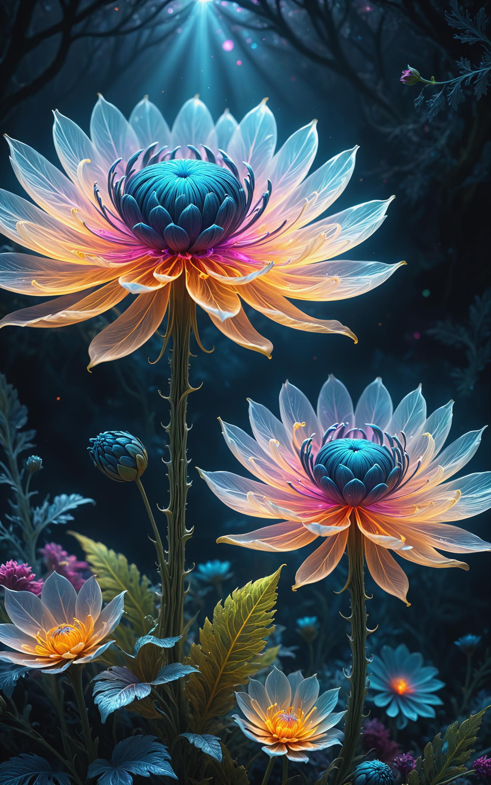 A vibrant digital artwork featuring two large, colorful flowers with blue and pink petals, surrounded by smaller flowers and green leaves. The flowers are set against a dark background, creating a striking contrast between the vivid colors of the flowers and the darker tones of the background. The artwork showcases the beauty and intricacy of the flowers, with their delicate petals and intricate details.