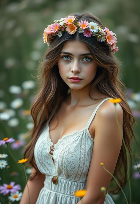 cinematic photo summers meadow, wild flowers
1girl, solo, wild flower crown, long hair, breasts, cleavage, lacy summer dress, thin dress straps, bright green eyes, button nose
bokeh, , score_9, score_8_up, score_7_up, hyperdetailed, hyperrealistic, masterpiece, best quality, (masterpiece:1.3),high-definition, intricate details, volumetric lighting, symmetrical face, level eyes, skin pores . Extremely high-resolution details, photographic, realism pushed to extreme, fine texture, incredibly lifelike . 35mm photograph, film, bokeh, professional, 4k, highly detailed