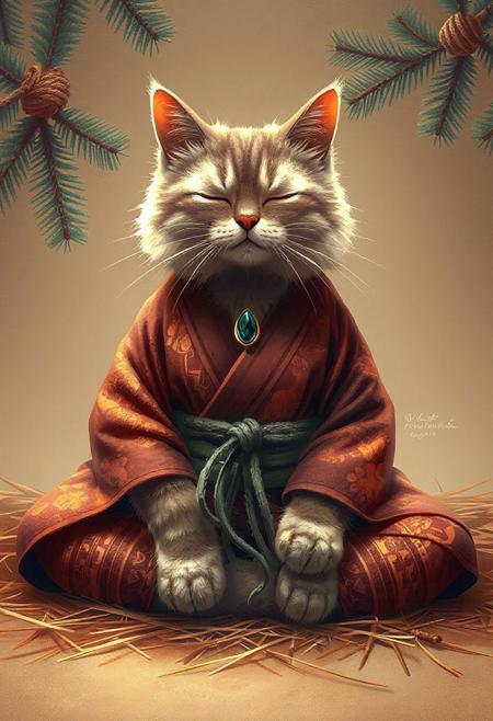 A cat made out of fir needles, The cat, is seated in a meditative pose, reminiscent of a Zen master. The cat is wearing a traditional Japanese-style kimono, featuring orange and maroon patterns. The kimono's details include an green obi (sash) and a decorative jewel-like stone on it. The cat's fur is fluffy and long, with a soft, delicate appearance. Its eyes are closed, giving a peaceful and serene expression. The cat's body is positioned in a relaxed, seated posture, with paws resting on its lap. It is centered in the image and facing the viewer directly. The background is a muted, earthy tone, with a depiction of hay or straw, creating a tranquil atmosphere. fir trees with rope are visible in the background, contributing to a rustic, serene setting. The lighting is soft and warm, highlighting the cat's features and the kimono's patterns. The overall style is artistic, with detailed brushstrokes and soft color blending. The image exudes a sense of calm and tranquility. fir needle style,