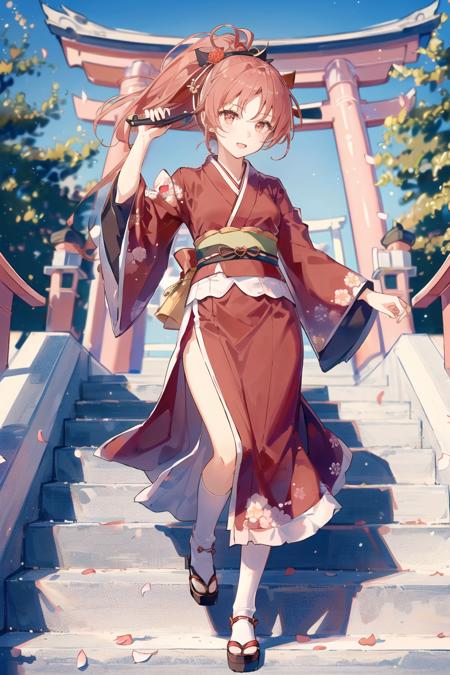 1girl, solo, from above,\(scarlet flowers\), aesthetic, intricate, best quality, detailed background, pmmmKyouko, ((\girl wearing a patterned red kimono:1.2\)), \(walking down stone stairs\), casual pose, detailed textures, posing, floral print, hair flower, japanese clothes, kimono, obi, outdoors, pagoda, petals, red kimono, sash, shrine, sky, stone stairs, torii, wide sleeves, yukata <lora:KyoukoSakura:1>