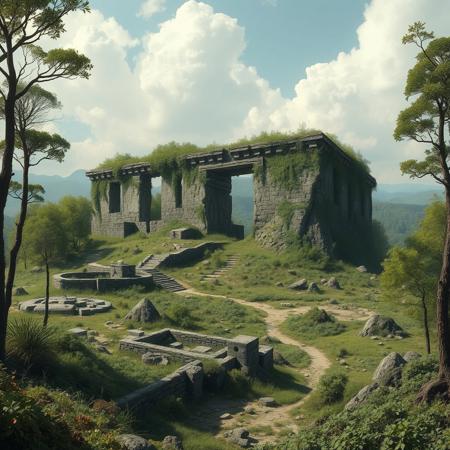 1000bc. An ancient monolithic structure sits inactive and overgrown after millennia of inactivity. Ruins, buried roads, remnants of derelict buildings dot the landscape, overgrown and desolate. The landscape around it is covered in alien wildlife and flora.