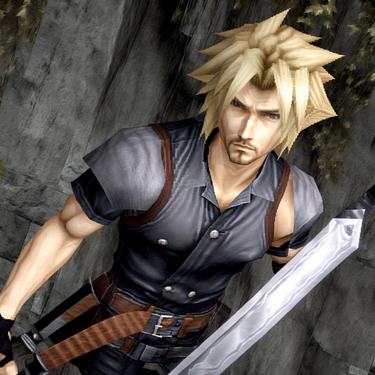 cloud strife, in the city, holding a huge sword, pixelated, ps1 style <lora:RetroJoyPS1:0.7>
