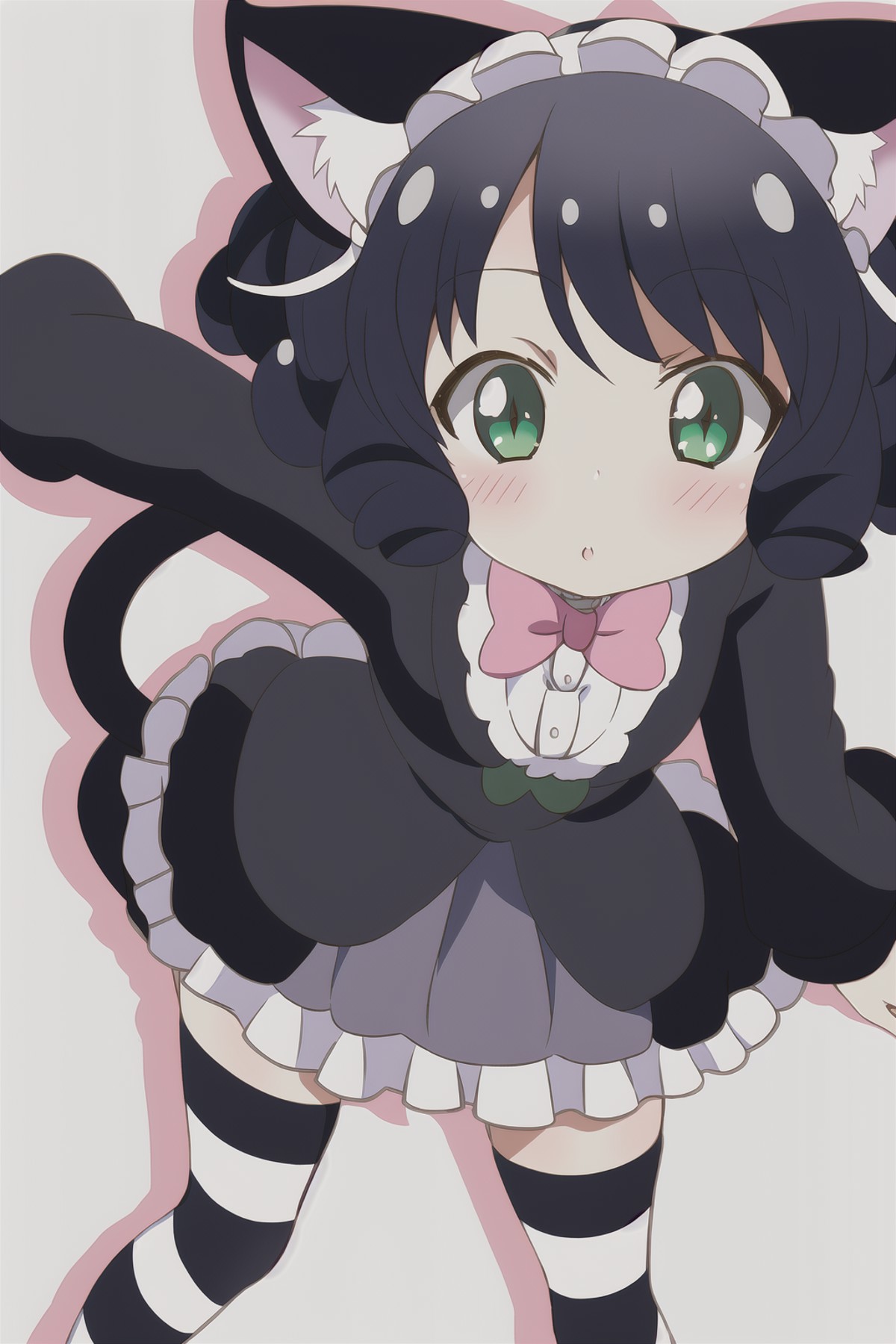 1girl, show_by_rock, cat ears, short black hair, (scene background), striped stockings, cat tail, dress, green eyes, curly...