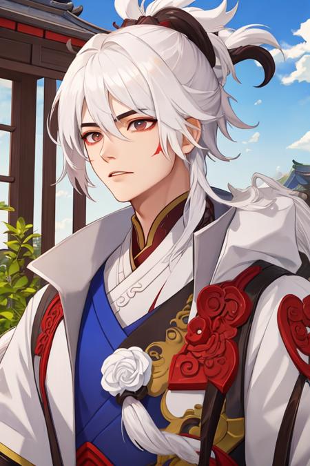 1boy,liubei,white hair,outdoor ,masterpiece, best quality,(red mark:0.8) , <lora:liubei-5:1>,face