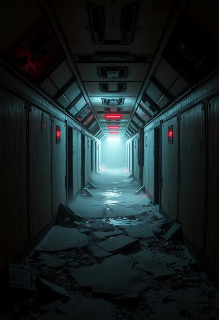 A chilling, abandoned spaceship corridor, with dim, red emergency lights casting an eerie glow. The walls are scarred with deep scratches and burn marks, and strange, unsettling noises echo faintly in the distance. The floor is uneven, with parts of it caved in or covered in debris, and a thick mist hangs low in the air, making it difficult to see what lies ahead. The atmosphere is heavy with fear, as if the corridor is a trap waiting to spring.
