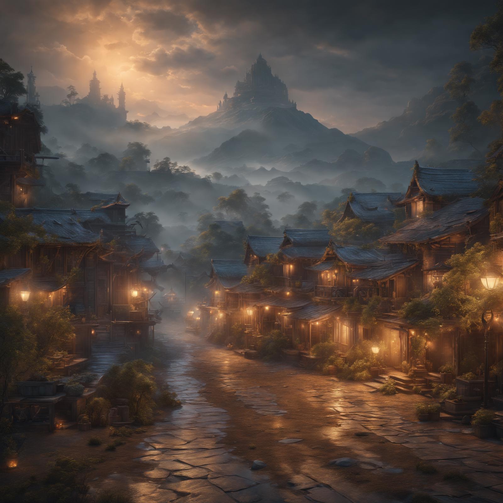 A picturesque scene of a village at dusk with a mountain backdrop.