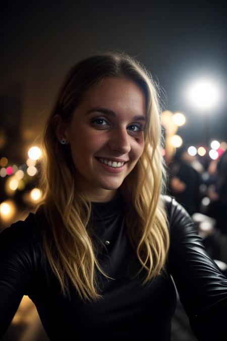 selfie photograph of beautiful 25 y.o. swedish woman (smiling:0.7) with (messy blonde hair:0.9) and wearing glamorous dress, (symmetric eyes:1.1), party at night background, dramatic (dark lighting:1.1), (dimly lit:1.1)