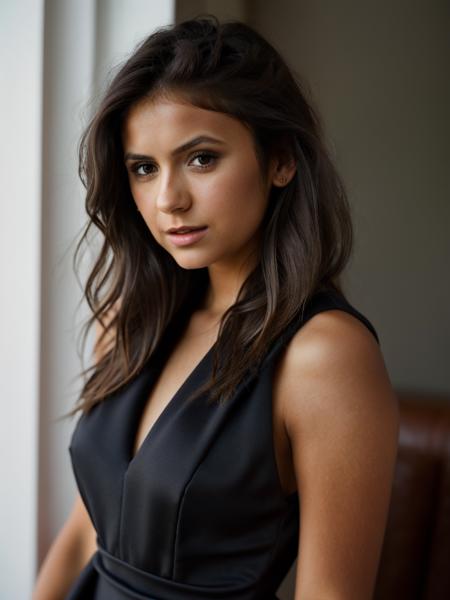 A beautiful n1n4d woman,1girl,solo,long hair,looking at viewer,brown hair,black hair,dress,bare shoulders,brown eyes,upper body,necktie,black dress,lips,realistic,soft lighting, professional Photography, Photorealistic, detailed, RAW, analog, sharp focus, 8k, HD, high quality, masterpiece<lora:n1n4d:1.0>