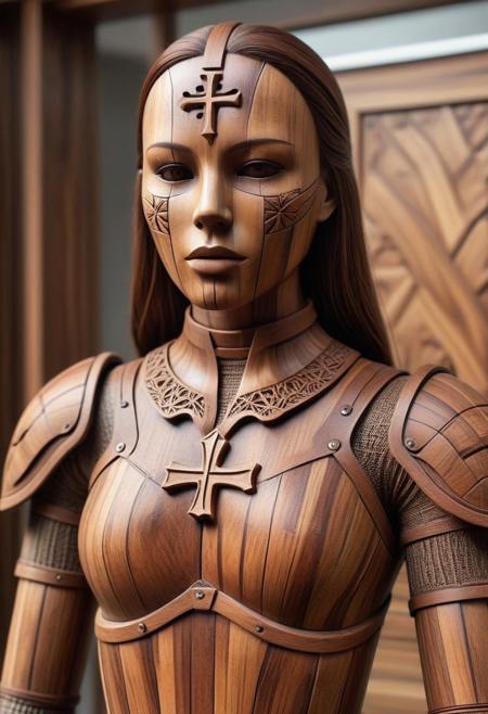 score_9, score_8_up, score_7_up, source_realistic, high quality v3, masterpiece, amazing quality, very aesthetic, face focus, depth of field, hrdwdaf, 
a closeup portrait of a female mannequin with cross shaped mask wearing wooden hardwood  armor made of wood,long brown wooden hair,faceless,face covered with mask
