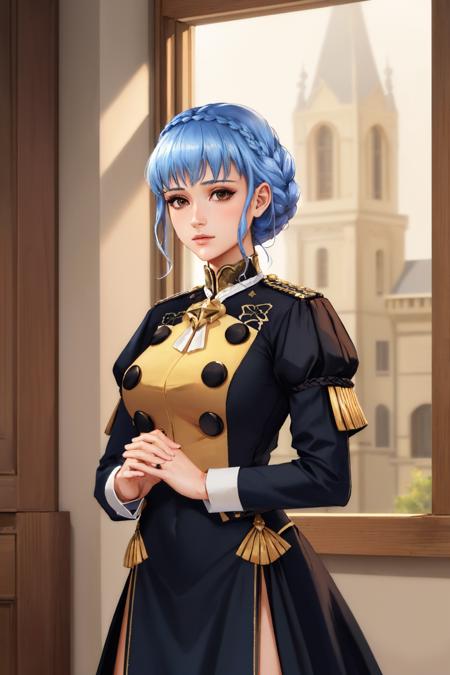 (masterpiece, best quality:1.2), caustics, solo, 1girl, marianneuniform, expressionless, looking at viewer, own hands together, crown braid, uniform, epaulettes, long sleeves, indoors <lora:fireemblem_marianne_v2:1>