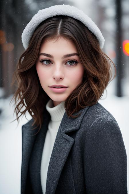 professional portrait photograph of (cm550:0.99), in winter clothing, beautiful face, cute natural makeup, afro haircut, wearing elegant winter fashion clothing, ((standing outside in snowy city street)), stunning modern urban upscale environment, ultra realistic, concept art, elegant, highly detailed, intricate, sharp focus, depth of field, f/1. 8, 85mm, medium shot, mid shot, (centered image composition), (professionally color graded), ((bright soft diffused light)), volumetric fog, trending on instagram, trending on tumblr, hdr 4k, 8k, (closeup portrait:1.2)