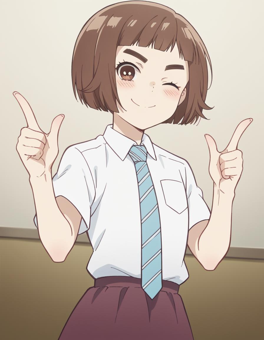 score_9, score_8_up, score_7_up, source_anime, <lora:kazusa-onodera-s1-ponyxl-lora-nochekaiser:1>, kazusa onodera, short hair, bangs, brown hair, brown eyes, blunt bangs, bob cut, thick eyebrows,, skirt, shirt, school uniform, white shirt, short sleeves, necktie, striped, collared shirt, shirt tucked in, striped necktie,, living room, video game, controller, competitive, fun, afternoon, , <lora:double-finger-gun-ponyxl-lora-nochekaiser:1>, double finger gun,, blush, smile, one eye closed, from side, looking at viewer, solo,, dutch angle, cowboy shot