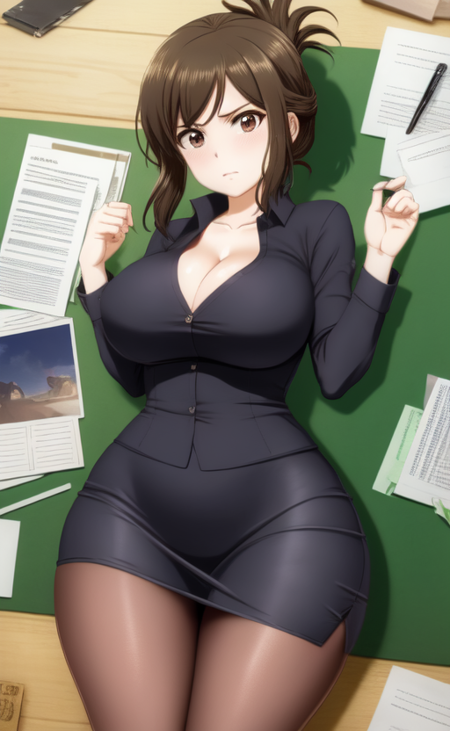 masterpiece, best quality, best aesthetic, anime, 
kojima kana, [1girl:(large breasts, wide hips, folded ponytail, brown hair, brown eyes:1.5):1.0], solo, looking at viewer, blush, skirt, shirt, black hair, cleavage, pantyhose, lying, on back, book, (frown:1.2), sleeves rolled up, pencil skirt, paper, pen, office lady, pencil, notebook, teacher,  <lora:Kana_Kojima-10:0.8:ALL>