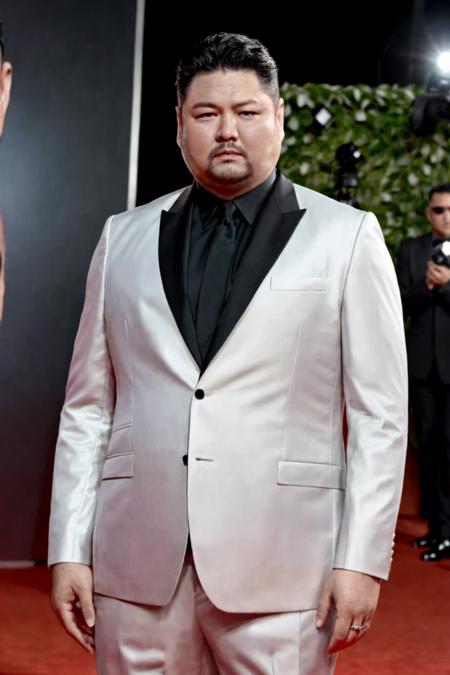 a men as a movie star, (portrait:1.2), (half body:1.2),(face focus:1),  modelshoot style, (extremely detailed CG unity 8k wallpaper), Intricate, High Detail, Sharp focus, dramatic, ((movie premiere gala)), ((standing on the red carpet)), ((paparazzi in the background)), (looking at viewer), (detailed pupils:1.2), (elegant suit:1.3)(fat:1.2)<lora:rongxiang:0.8>