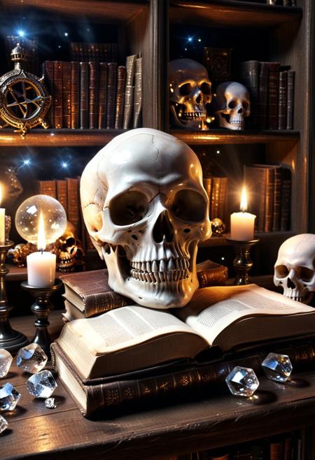 score_9, score_8_up, score_7_up, score_6_up, score_5_up, score_4_up, (absurdres, best quality, masterpiece:1.4), illustration, photorealistic, cinematic lighting, dynamic angle, perfect composition, skull, crystal skull, ancient books, magical aura, library shelves, glowing runes, candlelight, mysterious atmosphere, dimly lit, enchanted objects, magic sparkles