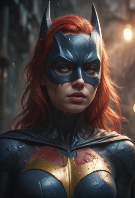 High resolution ultra-realistic of beautiful realistic  Batgirl is fighting a battle, cinematic style, standing on a bloody and stormy battlefield in a fighting pose, bloody massacre, realistic modern combat costume, black mask, red cape, perfect athletic figure, wavy red hair, handsome dirty bloody face, beautiful perfect detailed pupils, wet oily shiny skin, covered in dirt and blood, beautiful firm Breasts, defiant and seductive, sexy 20 year old girl, 8k resolution concept art portrait by Greg Rutkowski, Dark Gotham City, realistic blue eyes, full body, Artgerm, WLOP, Alphonse Mucha, dynamic lighting, hyperdetailed, intricately detailed, Splash art trending on Artstation triadic colors, Unreal Engine, 5 volumetric lighting, Cinematic Lighting, intricate, smooth, sharp focus digital painting, Asymmetrical Balance, painting, dynamic lighting