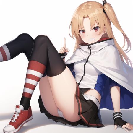 (masterpiece, best quality1.2),illustration,8k,hd,1girls,solo,blonde_hair,long_hair,one_side_up,red_eyes,bangs,american_flag_legwear,black_gloves,fingerless_gloves,multicolored_legwear,pleated_skirt,skirt,socks,white_capelet,black_skirt,capelet,multicolored_clothes,kneehighs,miniskirt,grin,parted_bangs,flag_print,panties,star_\(symbol\),underwear,<lora:cleveland>,