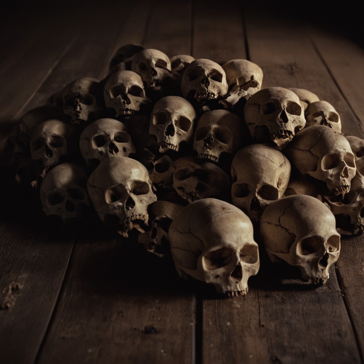 cinematic film still of  <lora:Ron Fricke style:1>
a pile of skulls sitting on top of a wooden floor,no humans,skull , rea...
