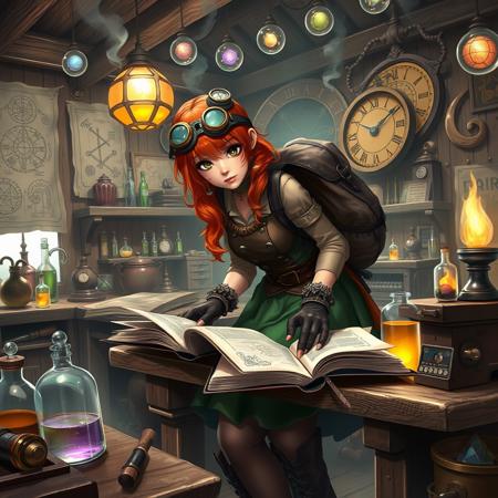 (WizardCoreAI:1.3) 1girl  Beautiful alchemist, leaning forward studying magic Book on bench,copper hair, Steampunk goggles, goggles on head, (Alchemy and Tinker shop, tools, potions, bottles, workbench, wooden walls, wood furniture, schematics on wall, blueprints on wall, proud, green dress, brown corset, leather belt, Brown Backpack, too many pouches, massive boots, gloves,l charts in a tower filled with magical orbs | Wizard activating a golem in a rune-lit workshop | Alchemist mixing potions amid hovering magical essences | Enchantress reading a spellbook while a magic quill writing notes, studying a steampunk-inspired chronomancer's clock, steampunk, gears,
(amazing fantasy setting, Ultra Realistic, trending on artstation, exaggerated, detailed   
 background:1.1)