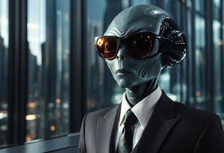 High-resolution portrait of a grey alien with large black eyes, wearing a tailored business suit and black sunglasses. The alien has smooth, reflective skin with a slightly metallic sheen. The suit is dark navy with sharp lapels, a crisp white shirt, and a sleek black tie. The scene is set in a futuristic corporate office with large glass windows overlooking a cyberpunk cityscape. The mood is serious and enigmatic, with dramatic lighting casting soft reflections on the alien's sunglasses. The perspective is a close-up shot, emphasizing the alien's distinctive facial features and confident demeanor. high-resolution, cinematic lighting, soft colors ((4k,8k,Ultra HD)),((Masterpiece :1.2)),((Best quality :1.2)),((Detailed :1.5)),((Detailed background :1.5))