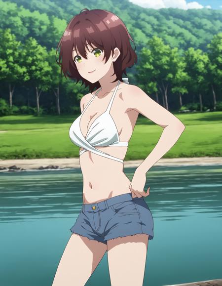 hinami school uniform, collared shirt, white shirt, short sleeves, red necktie, plaid skirt, brown skirt white sweater, long sleeves, green shorts bikini shorts, white bikini, cleavage, navel, denim shorts, blue shorts