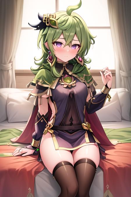 masterpiece, best quality, highres, solo, {collei_genshin:1.10}, green_hair, bangs, purple_eyes, hair_ornament, jewelry, capelet, hair_between_eyes, earrings, green_capelet, ahoge, blush, medium_hair, crossed_bangs, closed_mouth, bridal_gauntlets, long_hair, breasts