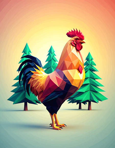 polygon style, low-poly animal, angular shape, 
geometric rooster, 
clean polygon edges, symmetrical design, digital art, 
 <lora:Polygon_Lora_XL:1>
polygonal sunset background, stylized trees, geometric leaves, minimal mist