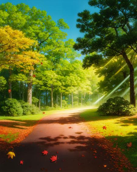 @Spirited, beautiful landscape of forest with falling leaves and light rays