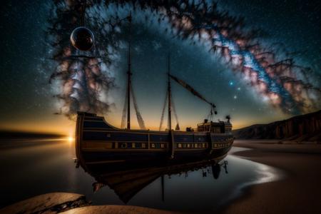 (absurdres, highres, ultra detailed), realistic style, 8k, exposure blend, medium shot, bokeh, high contrast,  low saturation,  3d render, cgi, symetrical, octane render, 35mm,  
 detailed background, milky way, nebula, moon, sun,  silver star constellations in background, backlighting,  ethereal atmosphere, extremely detailed CG unity 8k wallpaper, intricate details, (style-swirlmagic:1.0),   detailed background, close up,  detailed face, (gothic dark ages theme:1.1),  floating in the air, glowing magical shards, surrounded by blue magical crystals,  rock formations, stalactites,  magical floating particles, crystal glass,  crystal sphere, crystal canyon background, (shallow water:0.7),  epic ethereal atmosphere,   updraft, flying ship