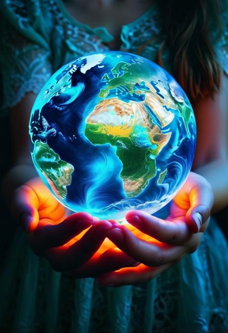 Mother Nature holding the planet earth on her palm, double exposure, triadic color, detailed, intricate, beautiful, gorgeous, playful, synesthesia, incandescent, radiant, luminous, lambent, effulgent, lucent, fulgent, illuminated, luminescent, shimmering, coruscating, brilliant, dazzling OverallDetail